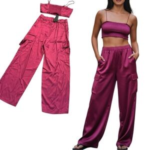 House of Harlow 1960 Satin Cargo Pants & Smocked Tube Top Set Magenta